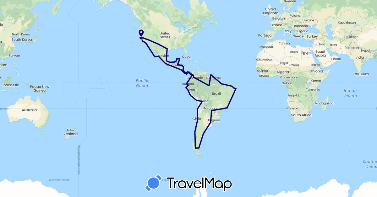 TravelMap itinerary: driving in Argentina, Bolivia, Brazil, Belize, Chile, Colombia, Costa Rica, Ecuador, Guatemala, Guyana, Honduras, Mexico, Nicaragua, Panama, Peru, Paraguay, United States (North America, South America)